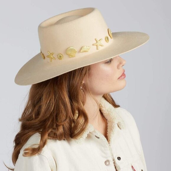 Lack of Color NWT Womens‎ L Ivory Wide Brim Hat Seaside Boater Gold Ocean Charms